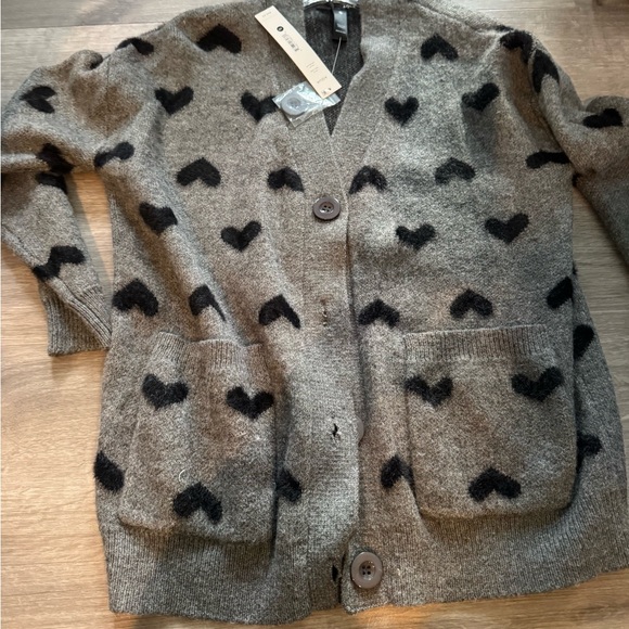 Aqua Heather Gray Knit Cardigan with Black hearts Detailing XS - Picture 7 of 10